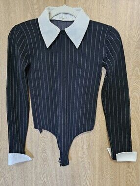 Wolford Black and White Velvet Mix Pinstripe Collared Bodysuit Size XS